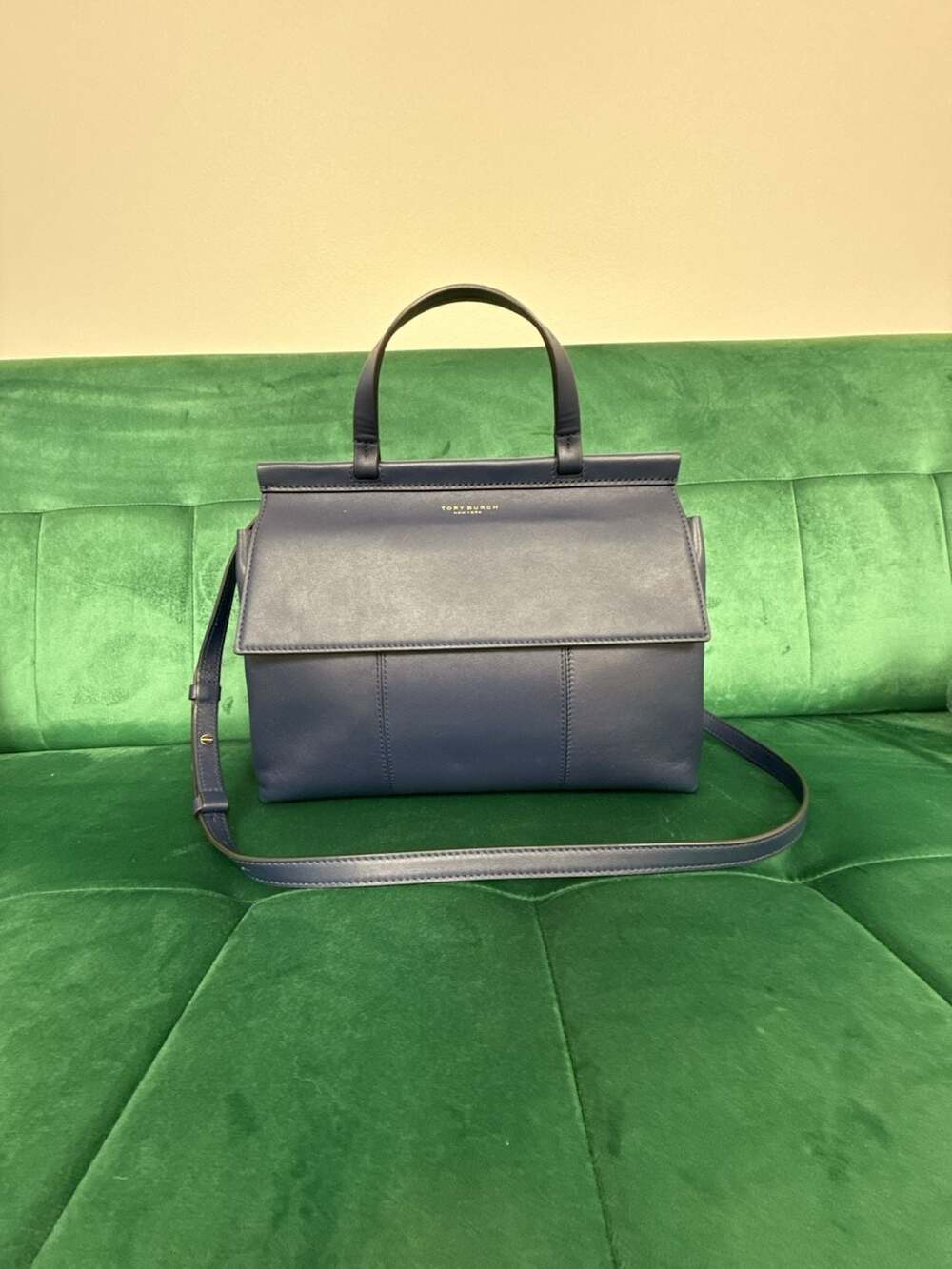 Tory Burch Block T Leather Top Handle Satchel Blue Red